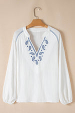 Load image into Gallery viewer, White Paisley Embroidered Textured Split Neck Long Puff Sleeve Blouse - Fashion Queen -  7
