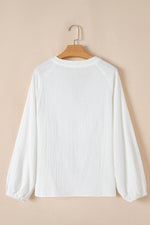 Load image into Gallery viewer, White Paisley Embroidered Textured Split Neck Long Puff Sleeve Blouse - Fashion Queen -  8
