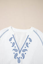 Load image into Gallery viewer, White Paisley Embroidered Textured Split Neck Long Puff Sleeve Blouse - Fashion Queen -  9
