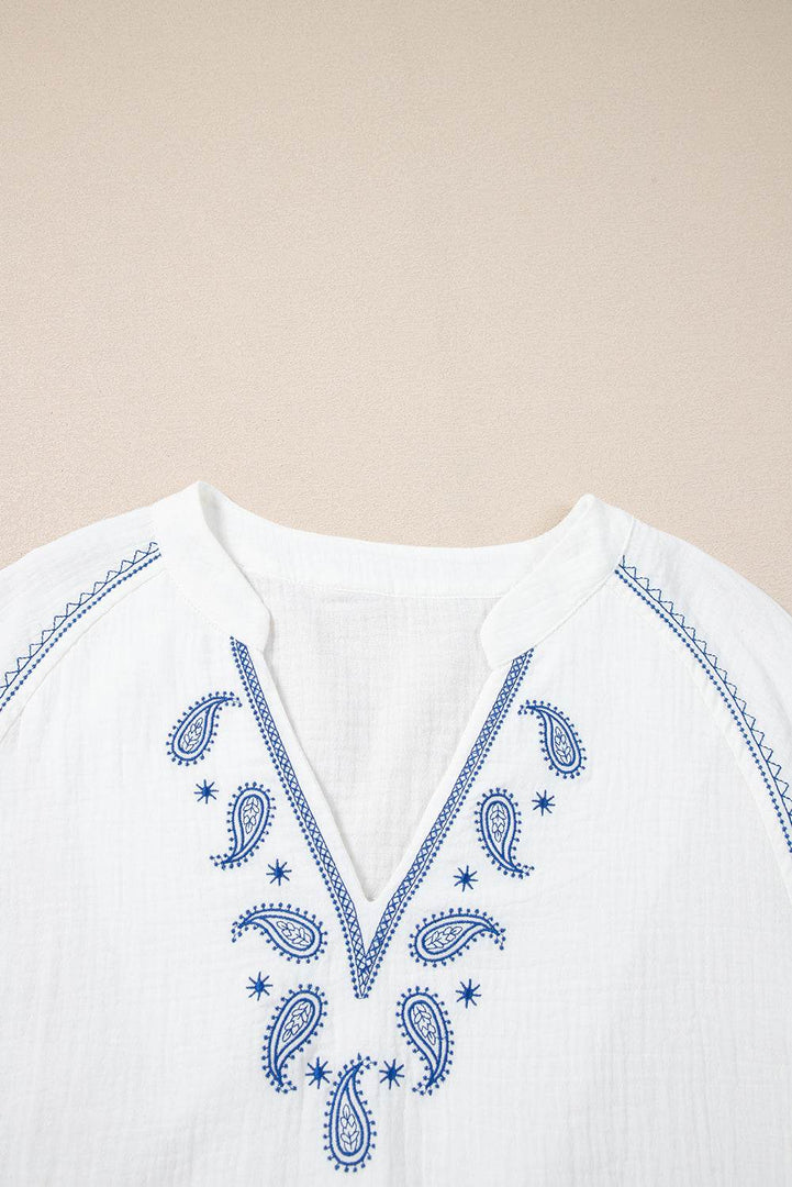 White Paisley Embroidered Textured Split Neck Long Puff Sleeve Blouse - Fashion Queen -  9