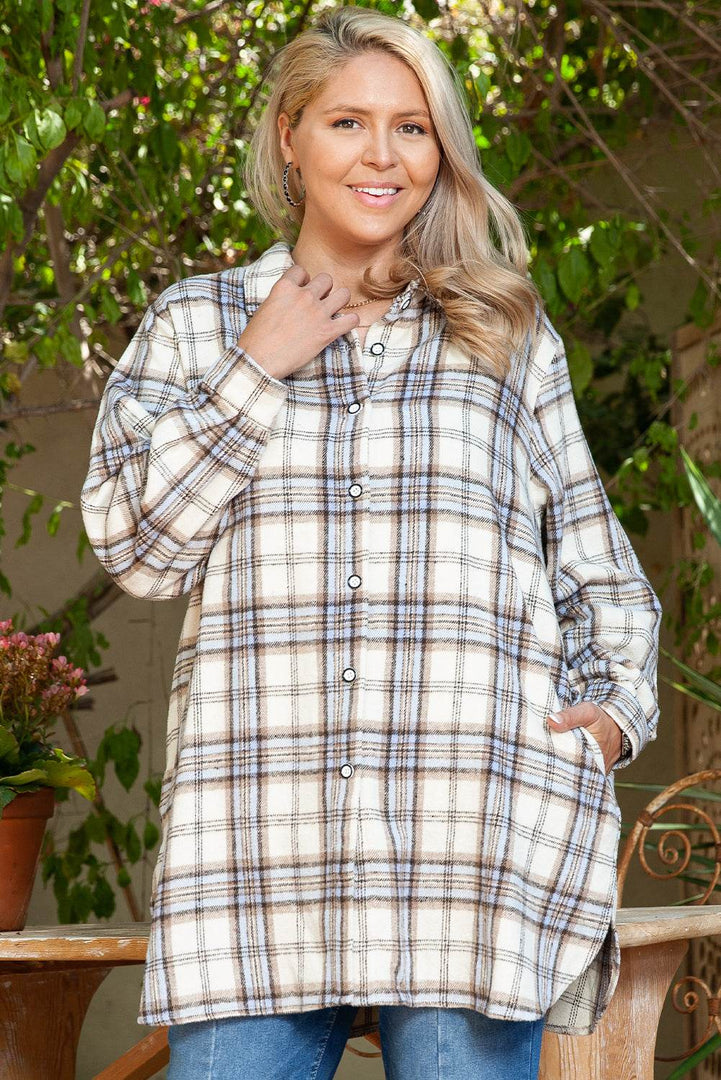White Plaid Print Tunic Plus Size Shacket with Slits - Fashion Queen -  1