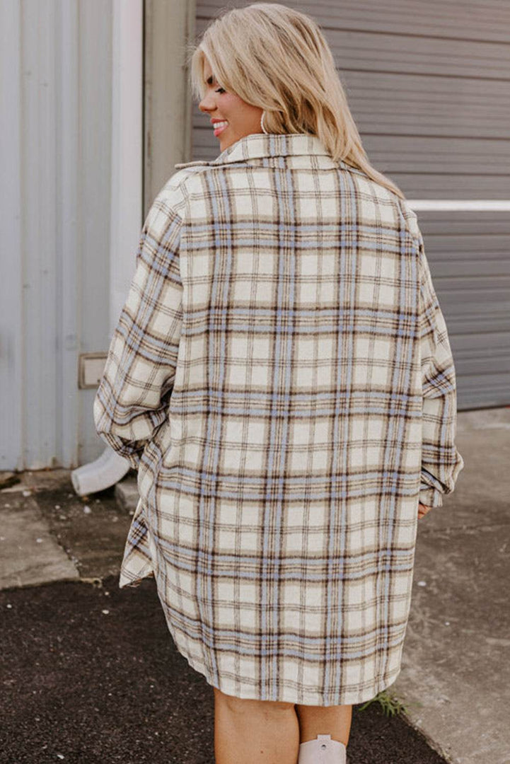 White Plaid Print Tunic Plus Size Shacket with Slits - Fashion Queen -  10