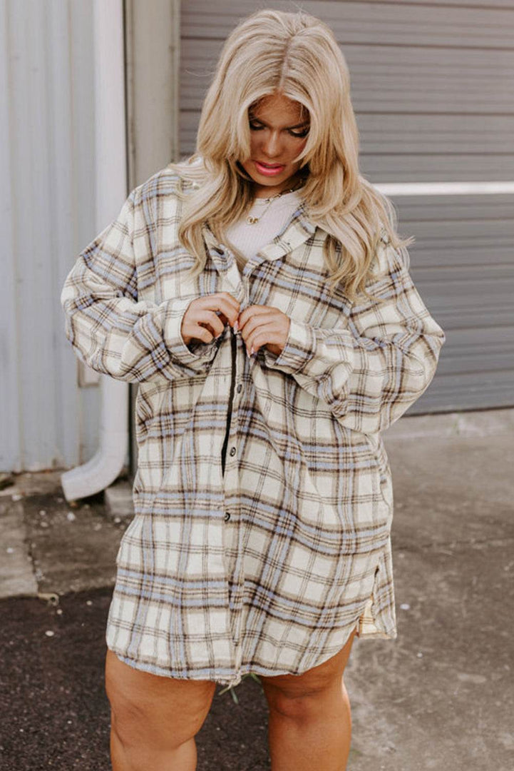 White Plaid Print Tunic Plus Size Shacket with Slits - Fashion Queen -  11