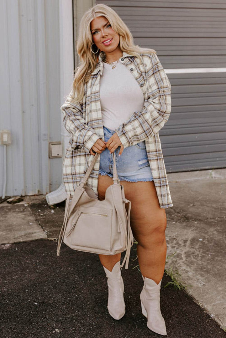 White Plaid Print Tunic Plus Size Shacket with Slits - Fashion Queen -  13