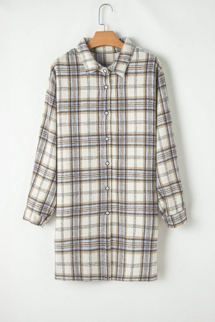 White Plaid Print Tunic Plus Size Shacket with Slits - Fashion Queen -  14