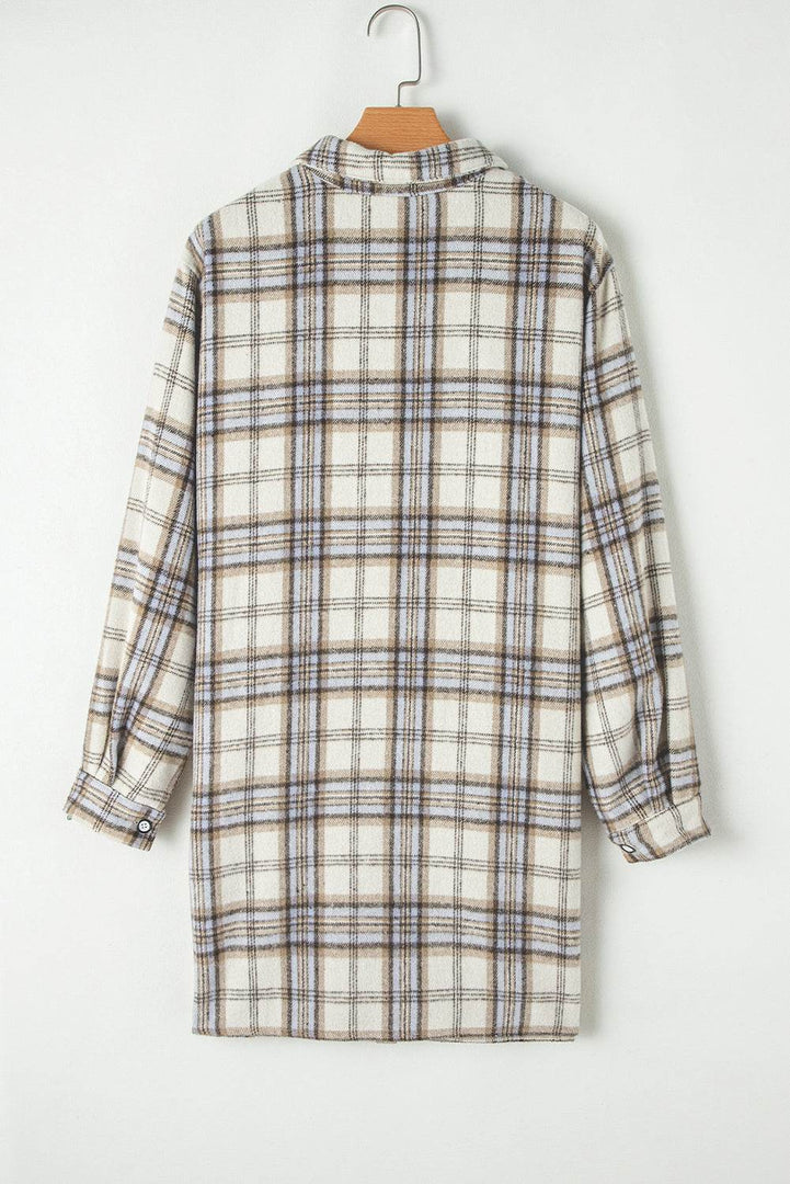 White Plaid Print Tunic Plus Size Shacket with Slits - Fashion Queen -  15