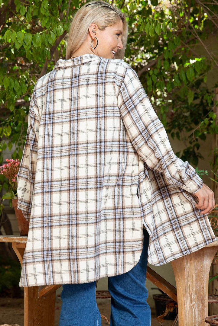 White Plaid Print Tunic Plus Size Shacket with Slits - Fashion Queen -  2