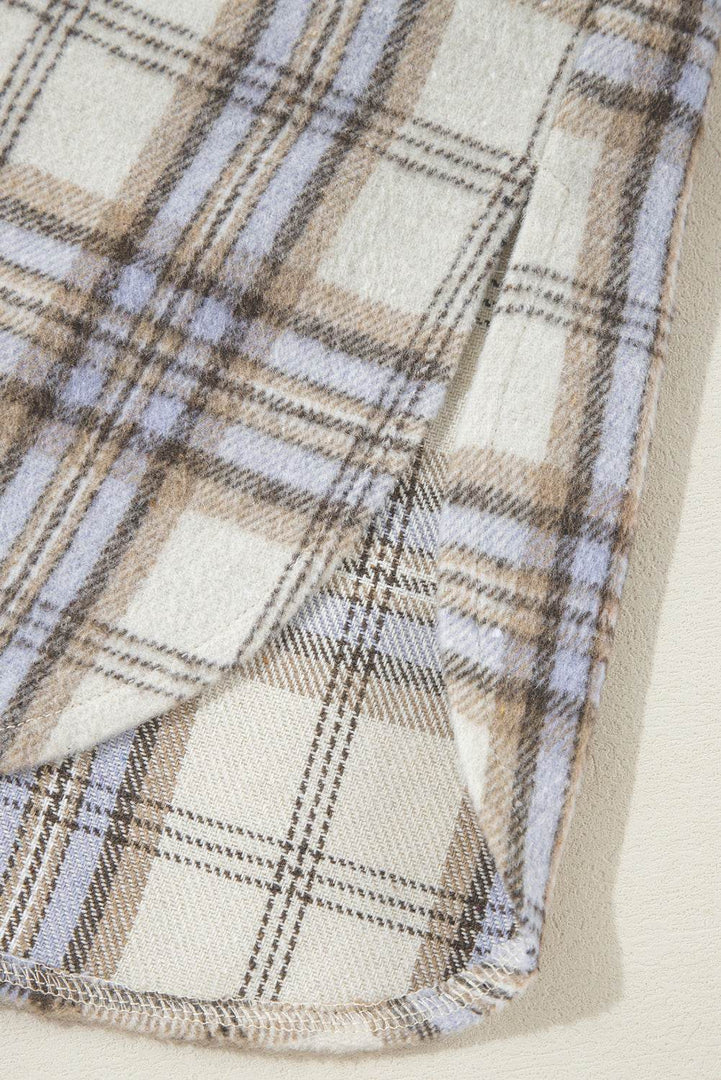 White Plaid Print Tunic Plus Size Shacket with Slits - Fashion Queen -  20