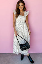 Load image into Gallery viewer, White Polka Dot Flutter Sleeve Square Neck Smocked Maxi Dress - Fashion Queen -  10

