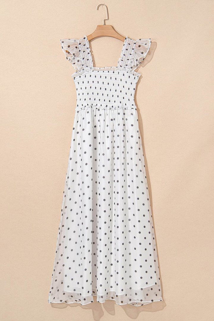 White Polka Dot Flutter Sleeve Square Neck Smocked Maxi Dress - Fashion Queen -  12