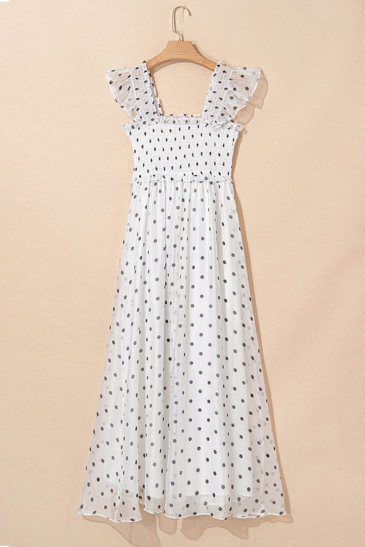 White Polka Dot Flutter Sleeve Square Neck Smocked Maxi Dress - Fashion Queen -  13