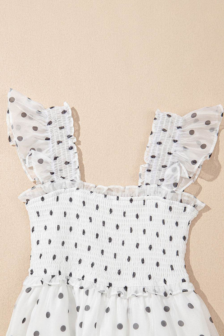 White Polka Dot Flutter Sleeve Square Neck Smocked Maxi Dress - Fashion Queen -  17