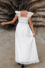 Load image into Gallery viewer, White Polka Dot Flutter Sleeve Square Neck Smocked Maxi Dress - Fashion Queen -  2
