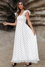 Load image into Gallery viewer, White Polka Dot Flutter Sleeve Square Neck Smocked Maxi Dress - Fashion Queen -  3
