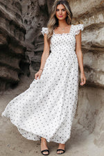 Load image into Gallery viewer, White Polka Dot Flutter Sleeve Square Neck Smocked Maxi Dress - Fashion Queen -  4
