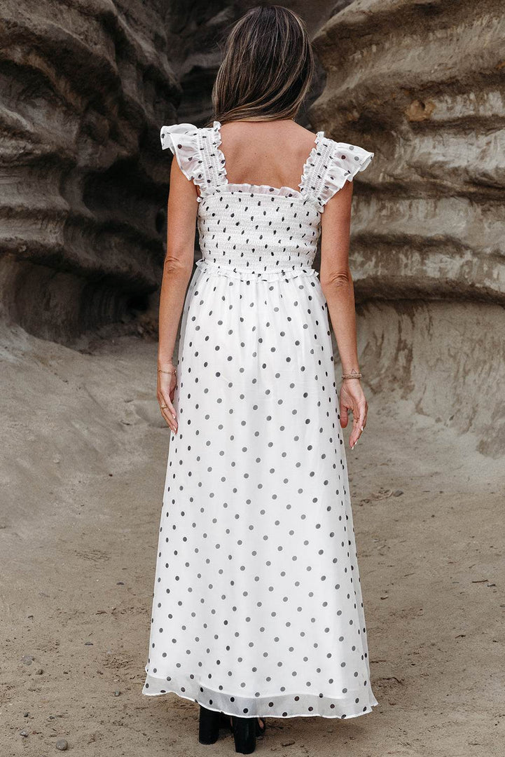 White Polka Dot Flutter Sleeve Square Neck Smocked Maxi Dress - Fashion Queen -  5