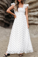 Load image into Gallery viewer, White Polka Dot Flutter Sleeve Square Neck Smocked Maxi Dress - Fashion Queen -  6
