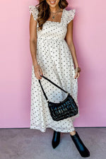 Load image into Gallery viewer, White Polka Dot Flutter Sleeve Square Neck Smocked Maxi Dress - Fashion Queen -  7
