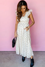 Load image into Gallery viewer, White Polka Dot Flutter Sleeve Square Neck Smocked Maxi Dress - Fashion Queen -  8
