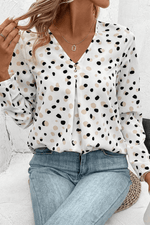 Load image into Gallery viewer, White Polka Dot Print Button Front V Neck Blouse - Fashion Queen -  1
