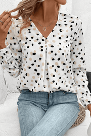 White Polka Dot Print Button Front V Neck Blouse - Fashion Queen -  1