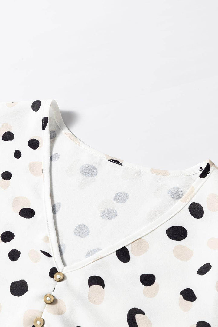 White Polka Dot Print Button Front V Neck Blouse - Fashion Queen -  11