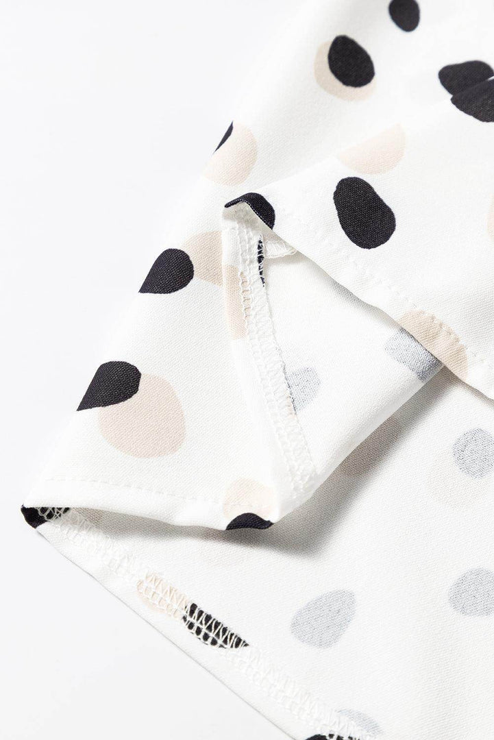 White Polka Dot Print Button Front V Neck Blouse - Fashion Queen -  13