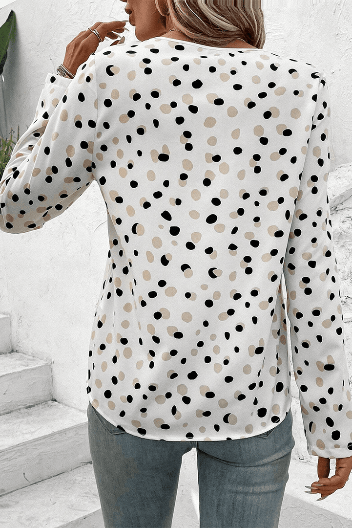 White Polka Dot Print Button Front V Neck Blouse - Fashion Queen -  2