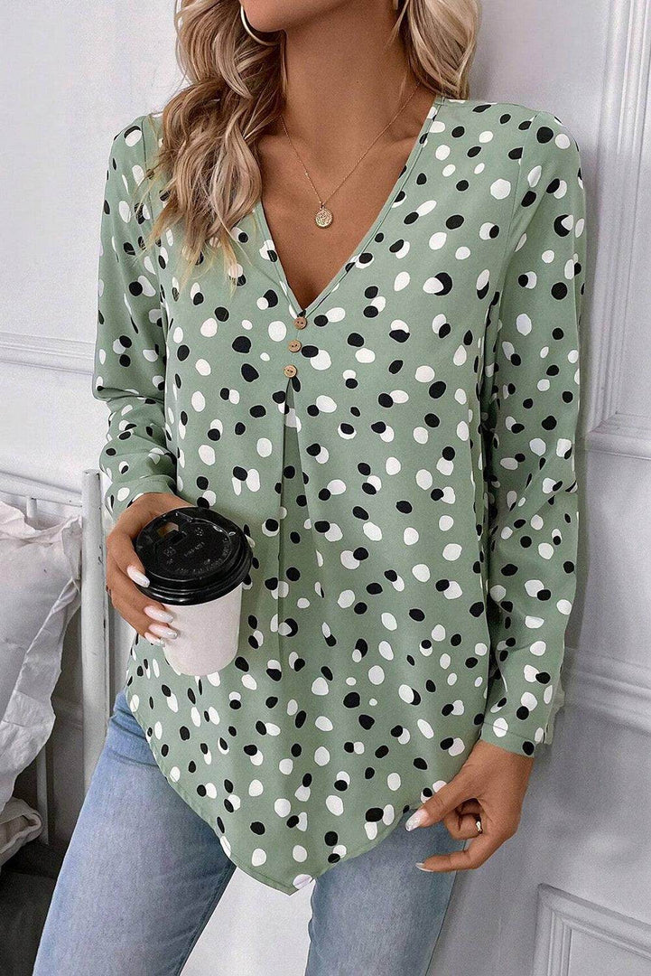White Polka Dot Print Button Front V Neck Blouse - Fashion Queen -  6