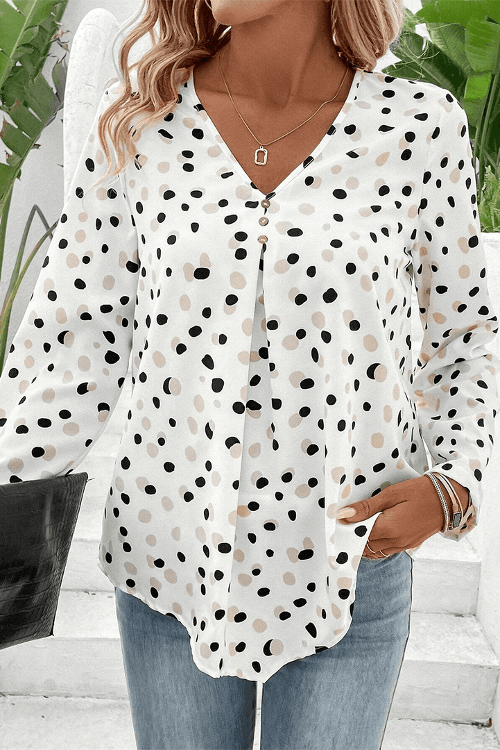 White Polka Dot Print Button Front V Neck Blouse - Fashion Queen -  8