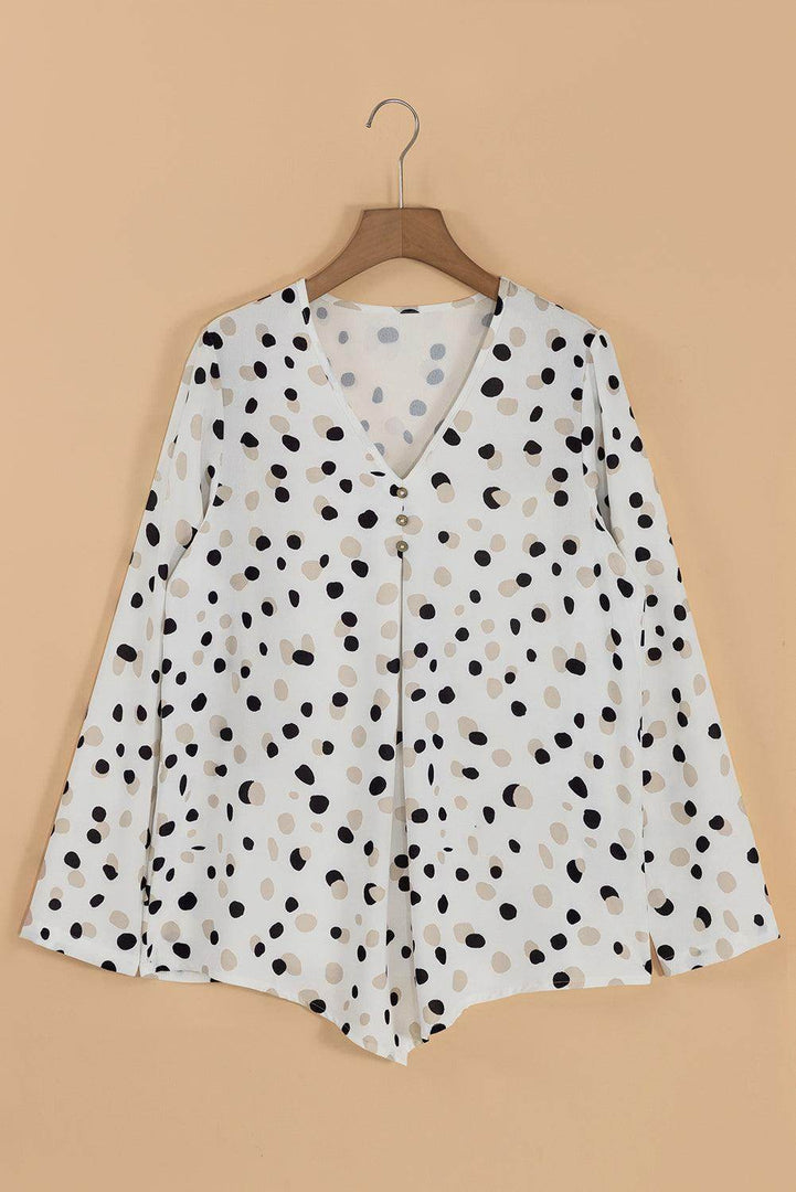 White Polka Dot Print Button Front V Neck Blouse - Fashion Queen -  9