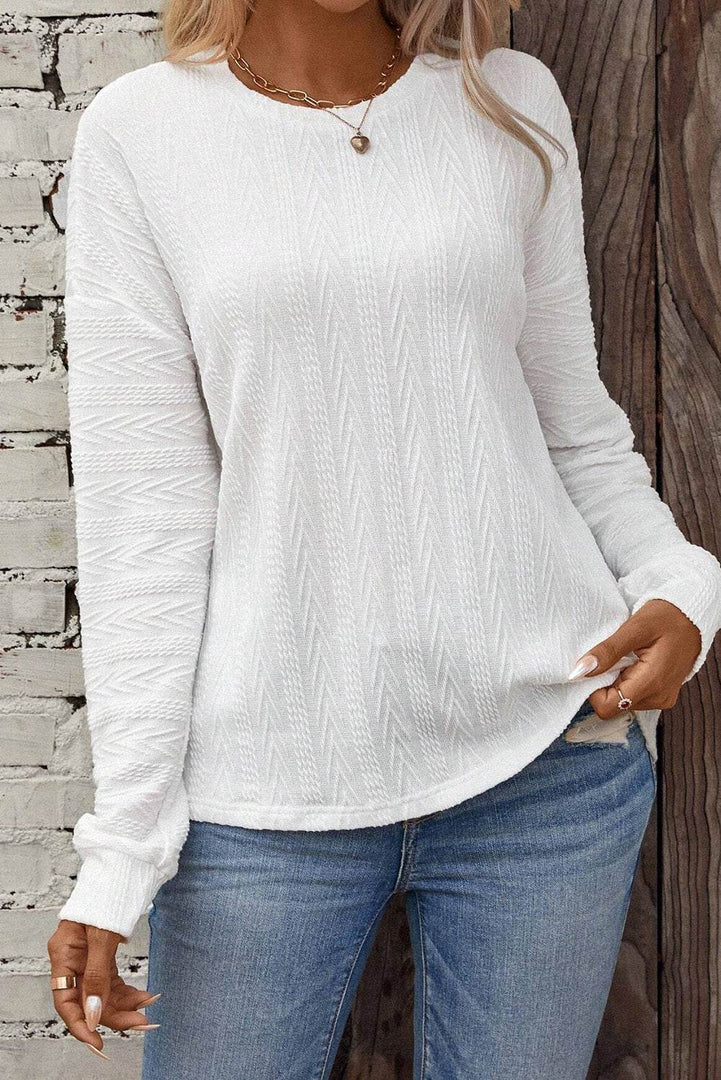 White Round Neck Drop Shoulder Textured Knit Top - Fashion Queen -  3