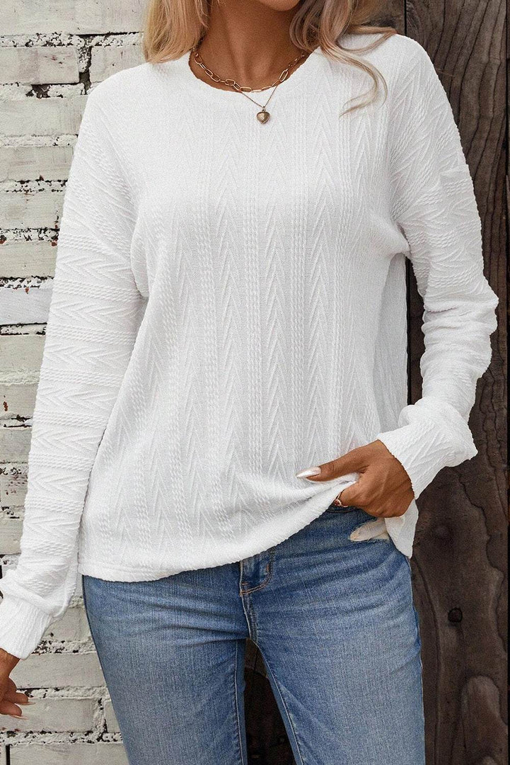 White Round Neck Drop Shoulder Textured Knit Top - Fashion Queen -  5