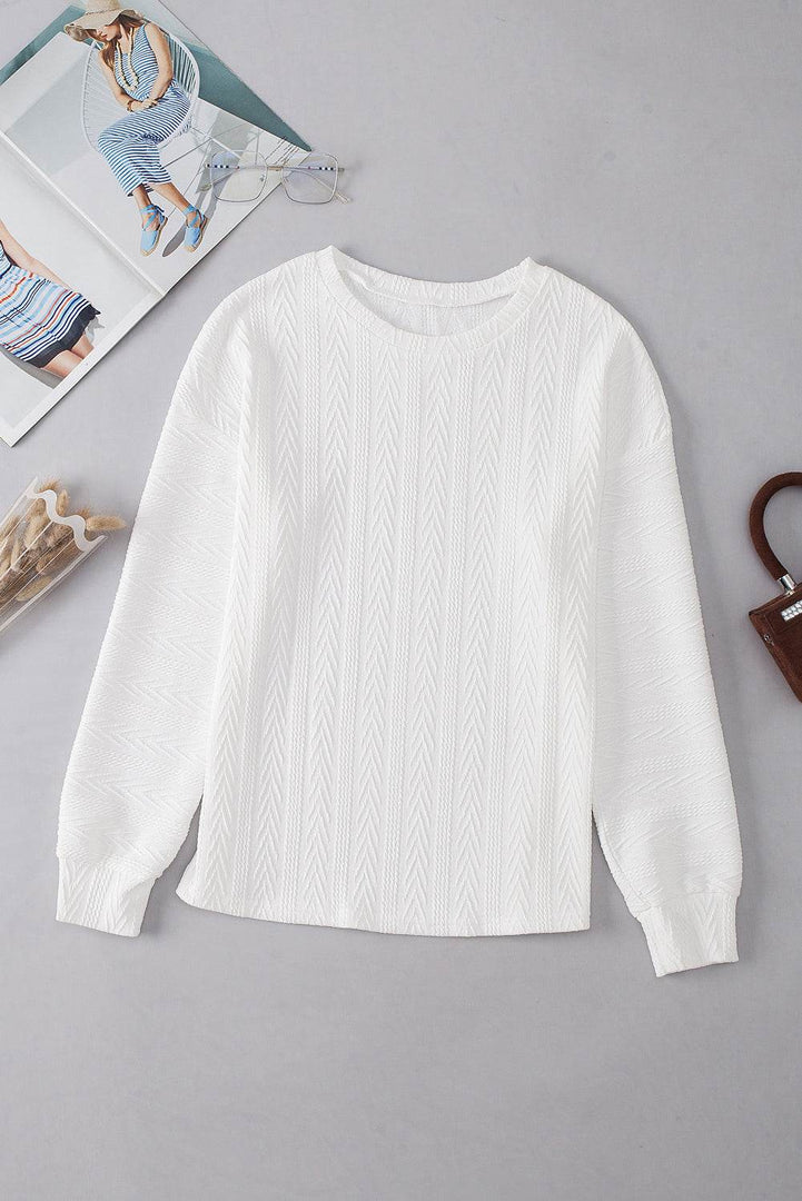 White Round Neck Drop Shoulder Textured Knit Top - Fashion Queen -  6