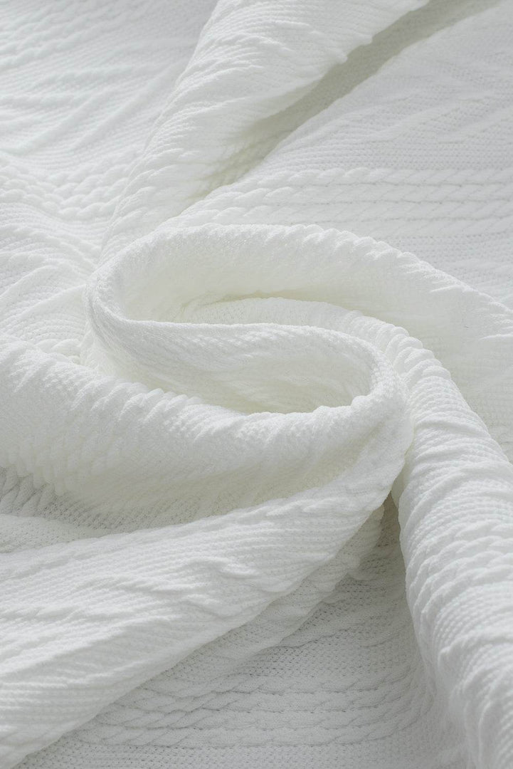 White Round Neck Drop Shoulder Textured Knit Top - Fashion Queen -  8