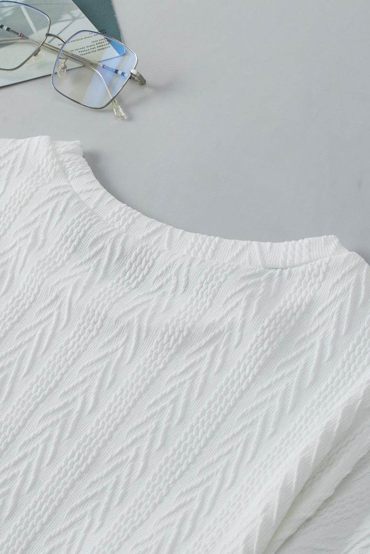 White Round Neck Drop Shoulder Textured Knit Top - Fashion Queen -  9