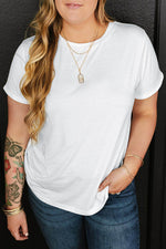 Load image into Gallery viewer, White Round Neck Rolled Sleeve Plus Size T-shirt - Fashion Queen -  1
