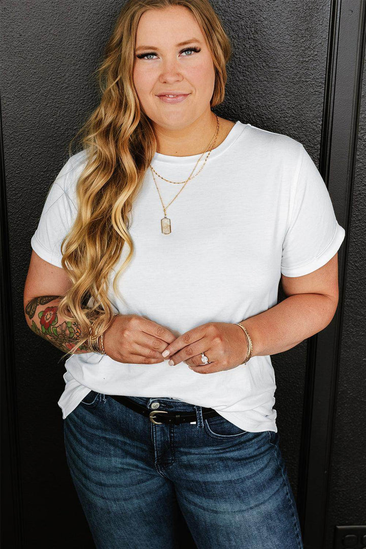 White Round Neck Rolled Sleeve Plus Size T-shirt - Fashion Queen -  11
