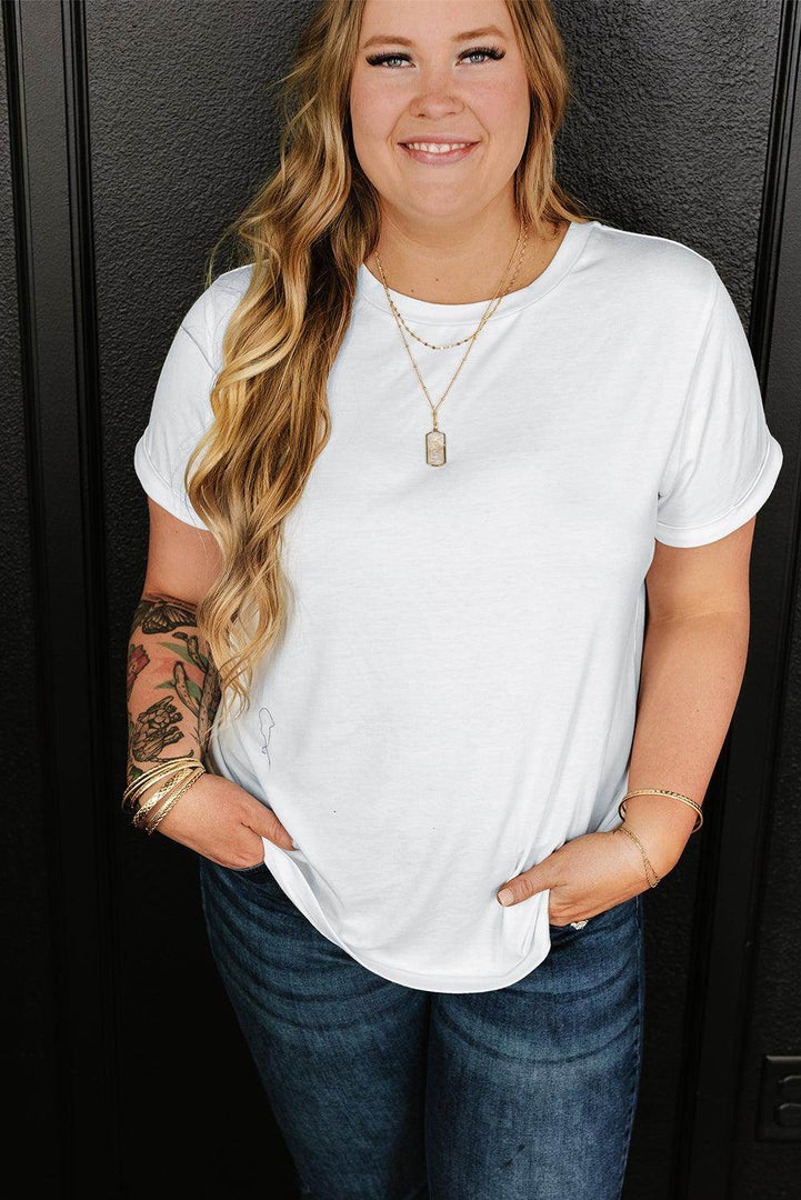 White Round Neck Rolled Sleeve Plus Size T-shirt - Fashion Queen -  12