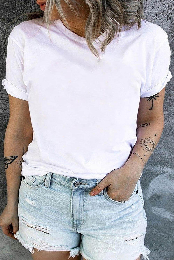 White Round Neck Rolled Sleeve Plus Size T-shirt - Fashion Queen -  14