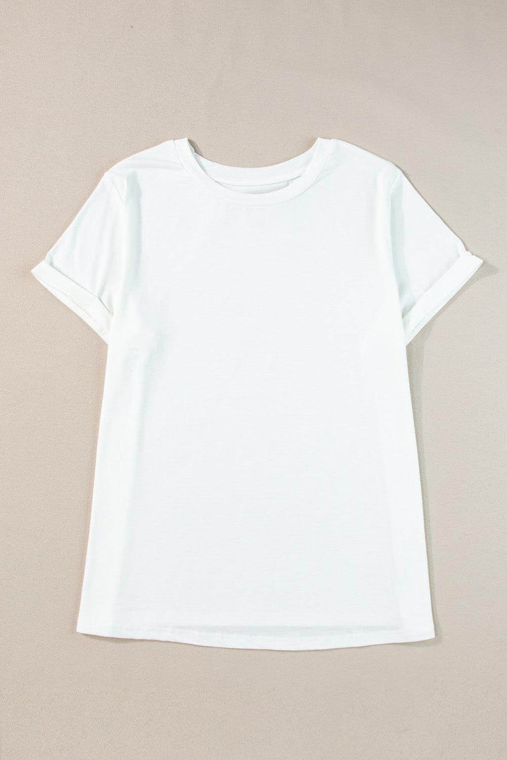 White Round Neck Rolled Sleeve Plus Size T-shirt - Fashion Queen -  16