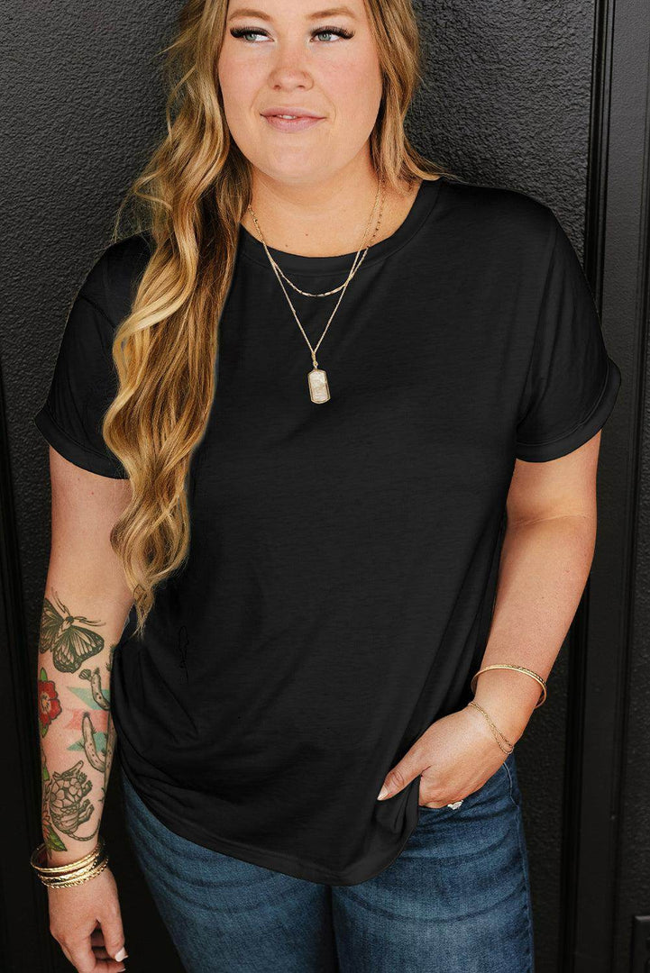 White Round Neck Rolled Sleeve Plus Size T-shirt - Fashion Queen -  23