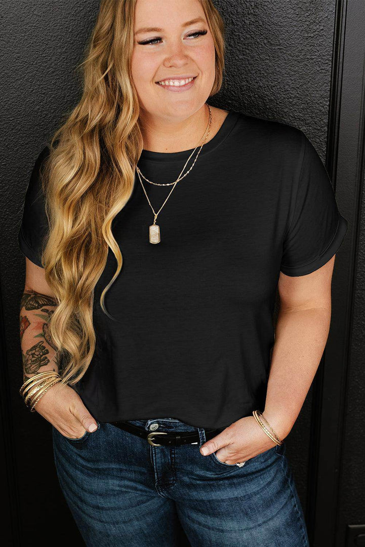 White Round Neck Rolled Sleeve Plus Size T-shirt - Fashion Queen -  27
