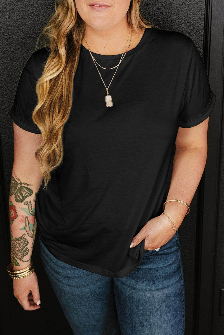 White Round Neck Rolled Sleeve Plus Size T-shirt - Fashion Queen -  28