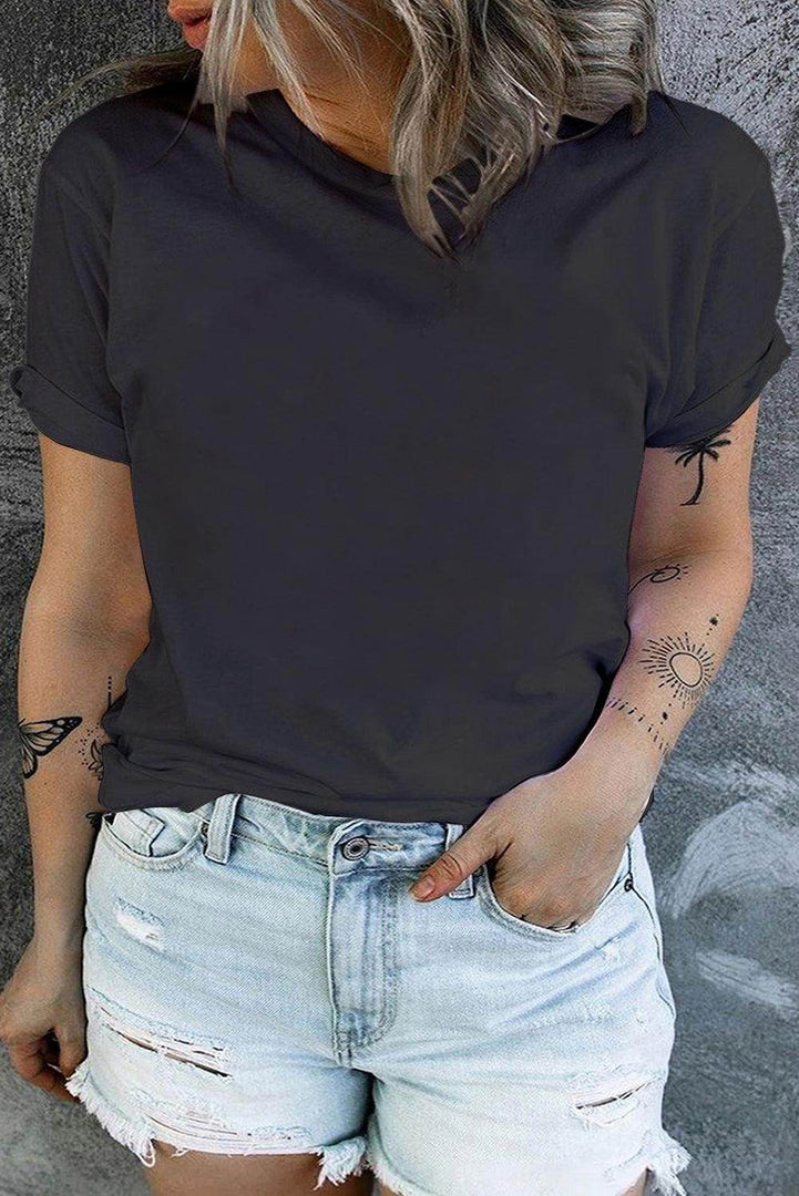 White Round Neck Rolled Sleeve Plus Size T-shirt - Fashion Queen -  4
