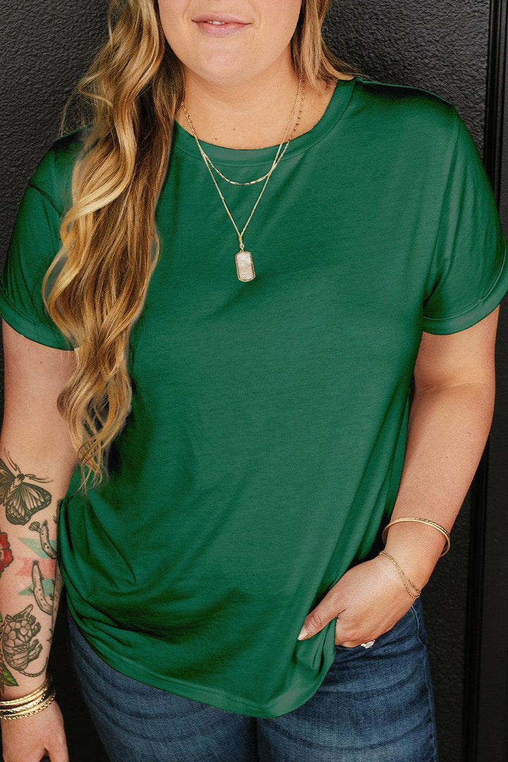 White Round Neck Rolled Sleeve Plus Size T-shirt - Fashion Queen -  7