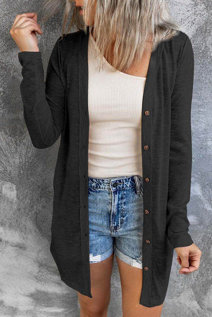 White Solid Color Open-Front Buttons Cardigan - Fashion Queen -  13