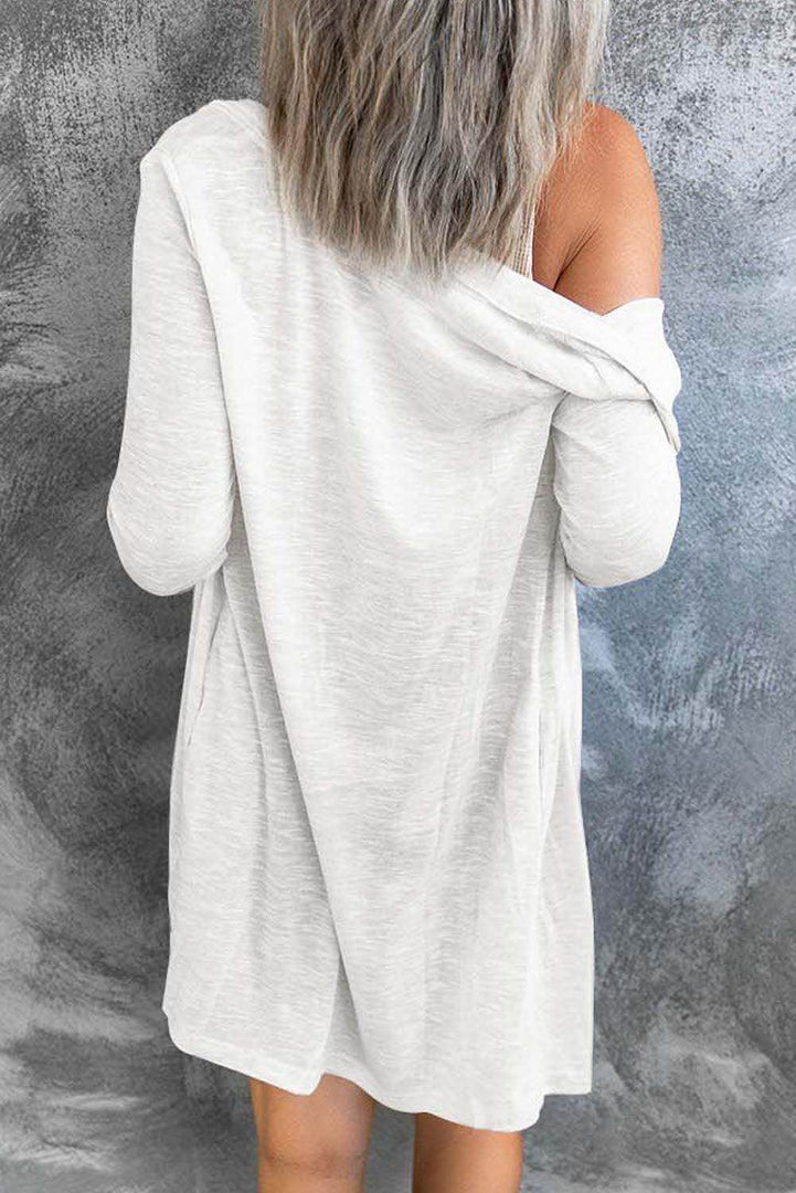 White Solid Color Open-Front Buttons Cardigan - Fashion Queen -  2