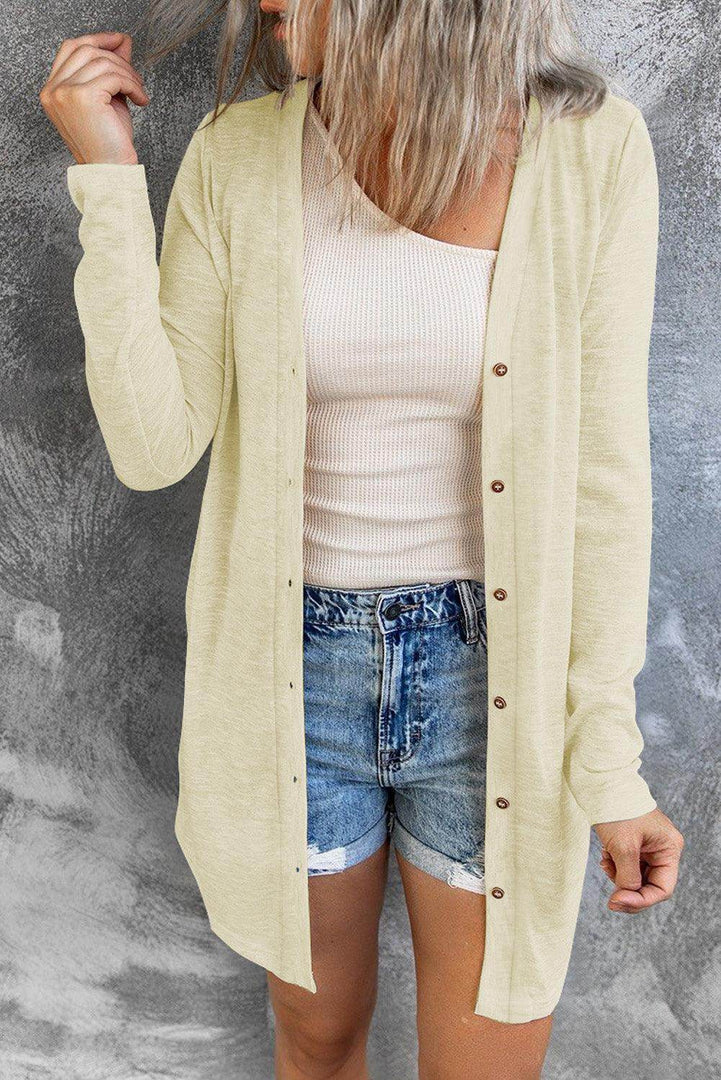 White Solid Color Open-Front Buttons Cardigan - Fashion Queen -  7