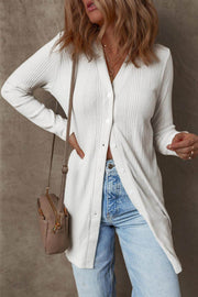 White Solid Color Ribbed Button up Tunic Cardigan - Fashion Queen -  1